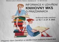 UZAVŘENÍ KNIHOVNY MKS ADAMOV do 21. 8. 2022